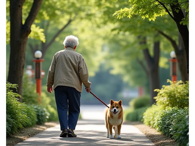 庭を散歩する犬と居住者