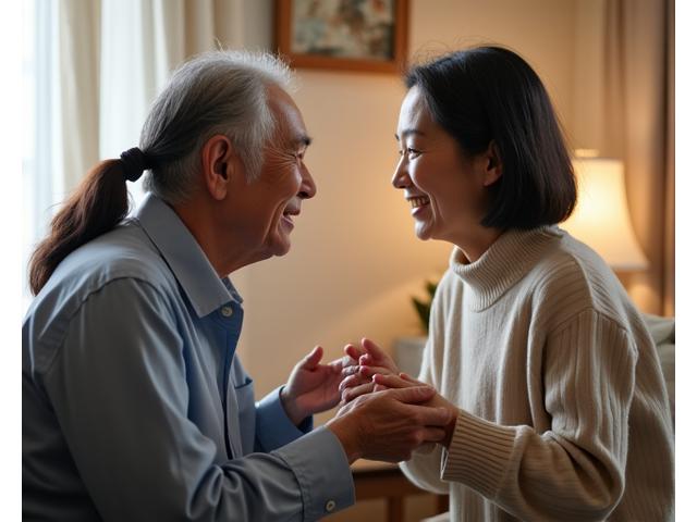 スタッフと会話する居住者
