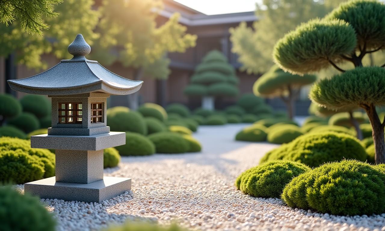 Zen garden with a traditional Japanese stone lantern and carefully raked gravel, creating a peaceful atmosphere.