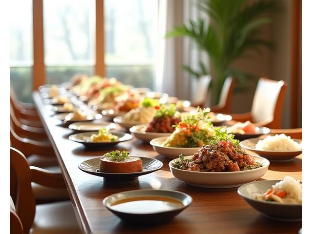 和食と洋食が並ぶ、明るいダイニングルームでの食事風景。