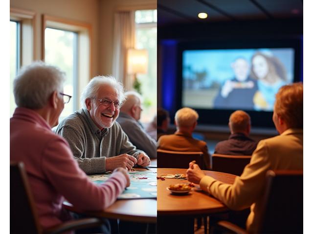 高齢者がリビングで笑顔でボードゲームをしている様子と、別の場所で映画を見ている集団。