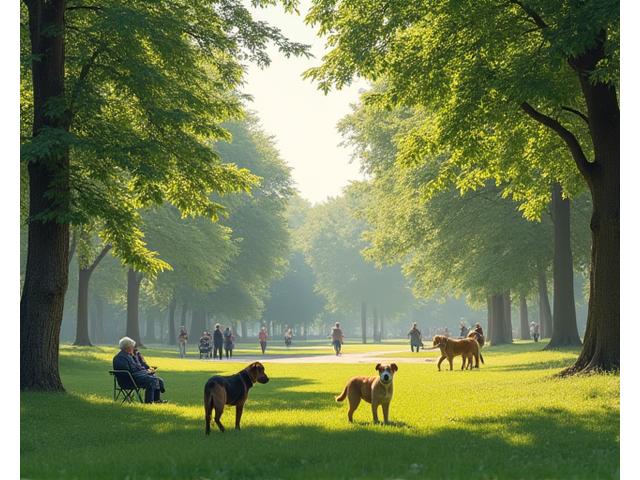 広々とした緑豊かな公園で、散歩する高齢者と猫や犬が穏やかに過ごしている風景。