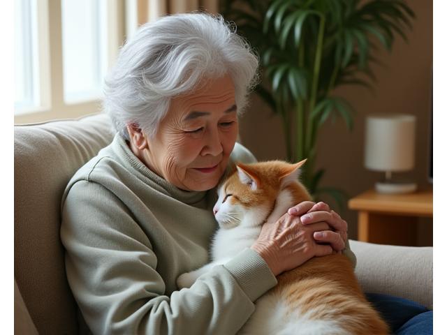 老人が猫を抱きかかえ、笑顔で座っている温かい室内風景。