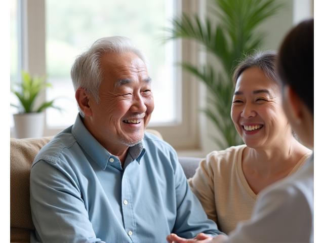 高齢者が家族と笑顔で会話しているリビングの風景。